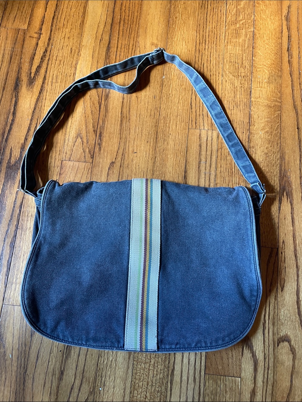 American Eagle Outfitters Blue Denim Canvas Messenger Bag with Stripe Detail